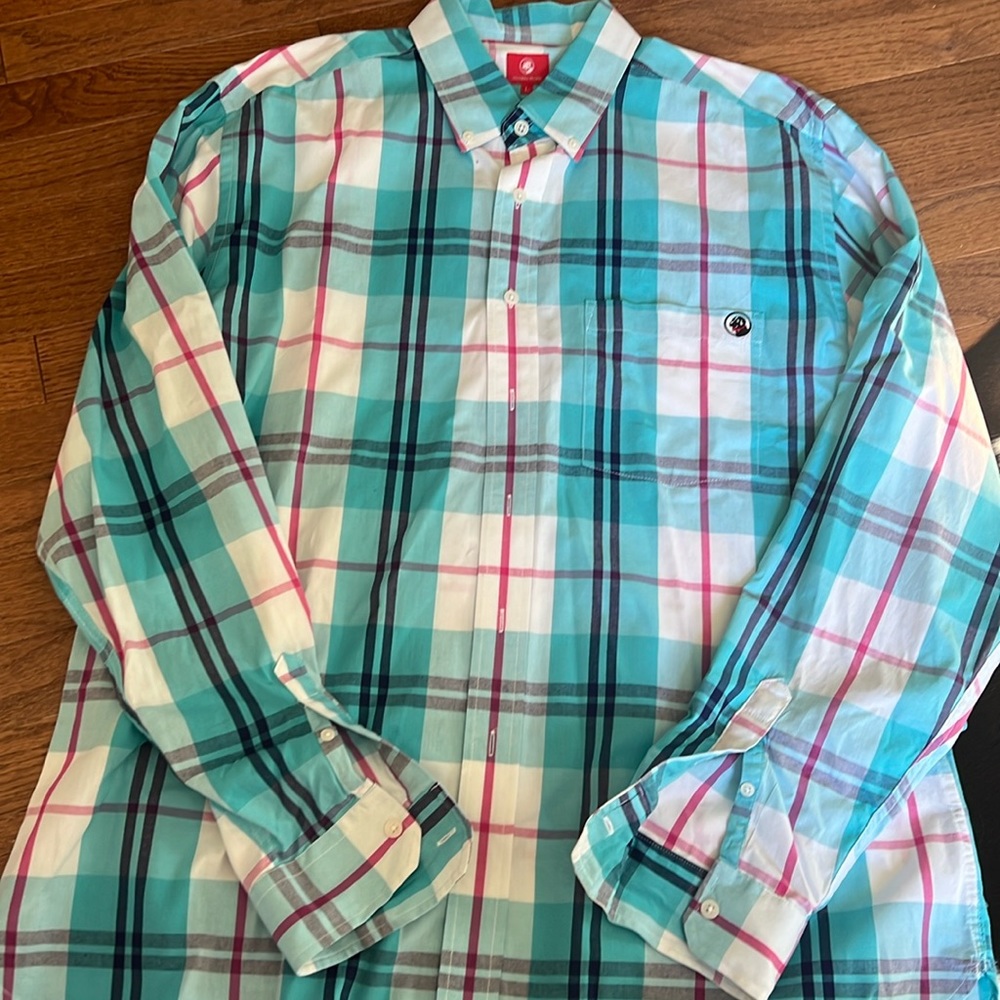 Southern Proper Men’s Aqua Pink Plaid Button Down Shirt Size L
